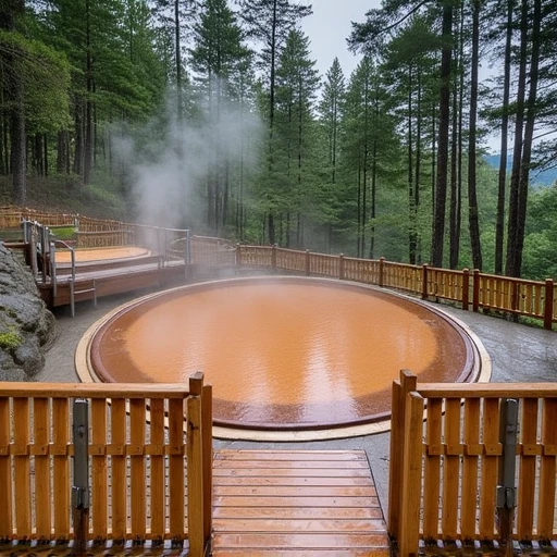 A photo of a wooden deck leading to an Onsen (Japanese hot spring) with a wooden fence. The Onsen has a large, round pool filled with steaming, mineral-rich water. There is a smaller pool attached to the side. The water has a light orange hue due to the minerals. The background reveals a forest with tall trees. The overall image has a serene and tranquil atmosphere. Onsen, Japanese_Bath