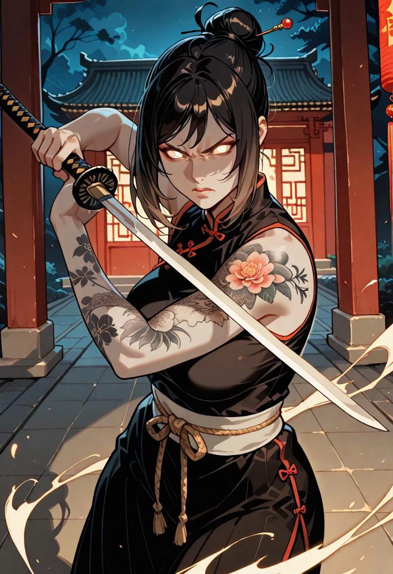 masterpiece, best quality, 32k, high resolution, absurdres, 1woman, mature woman, Mei, MeiRH,
Very long black hair, brown gradient hair, high hair bun, white glowing eyes, pale skin, medium breasts, full right arm tattoo, sleeveless_kimono, Chinese attire, detailed background, chinese temple, tough face, night, dynamic pose, shadows, posing, Standing, holding a sword, dark light, night, angry face, power aura, action pose,