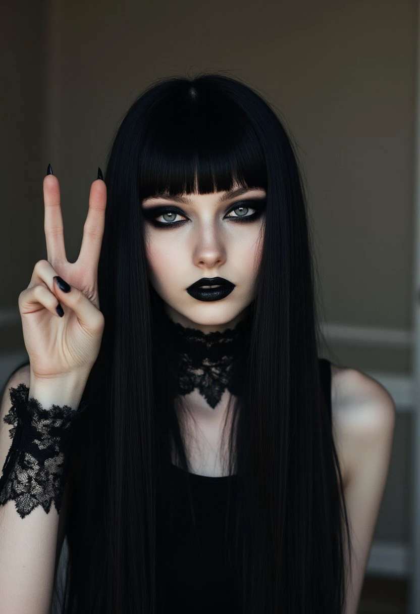 FictionalCrystal, a goth girl with heavy black eye makeup and black lipstick. doing a peace sign with her hand