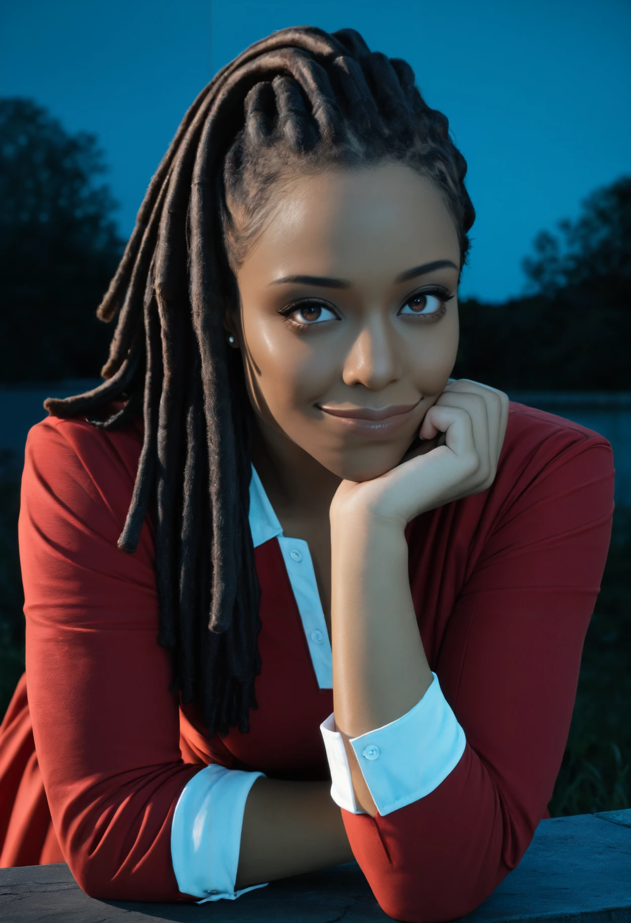 masterpiece, best quality, newest, absurdres, highres, realistic, photorealistic, dark, night, outdoors, looking at viewer, closed mouth, smile, 1girl, solo, kiiraanooir, black hair, long hair, dreadlocks, brown eyes, dark-skinned female, red dress, long sleeves
<lora:kira noir noob 1.1:1>