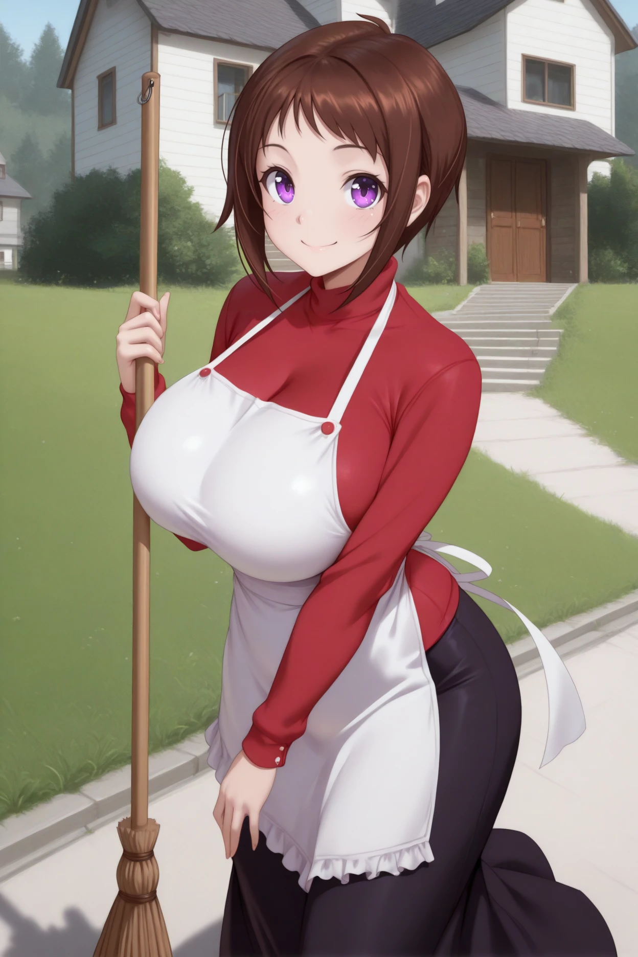 masterpiece, best quality, 1girl, solo,  <lora:wakanaui-illu-nvwls-v1:1> w4kanaui, brown hair, short hair, purple eyes, huge breasts, red sweater, apron, black skirt, long skirt, holding broom, happy, grass, house, stairs, looking at viewer