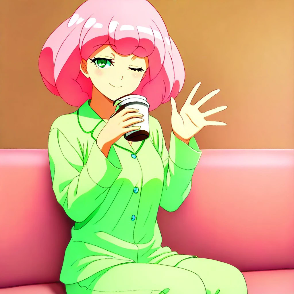 freebos_smoothiestyle, score_7_and_up, absurdres, highquality, source_anime, masterpiece, 4kres, good hands, good eyes, 1girl, comfy, short pink hair, green pajamas, green eyes, happy smile, drinking coffee, sitting on a sofa, looking at viewer, winking, waving