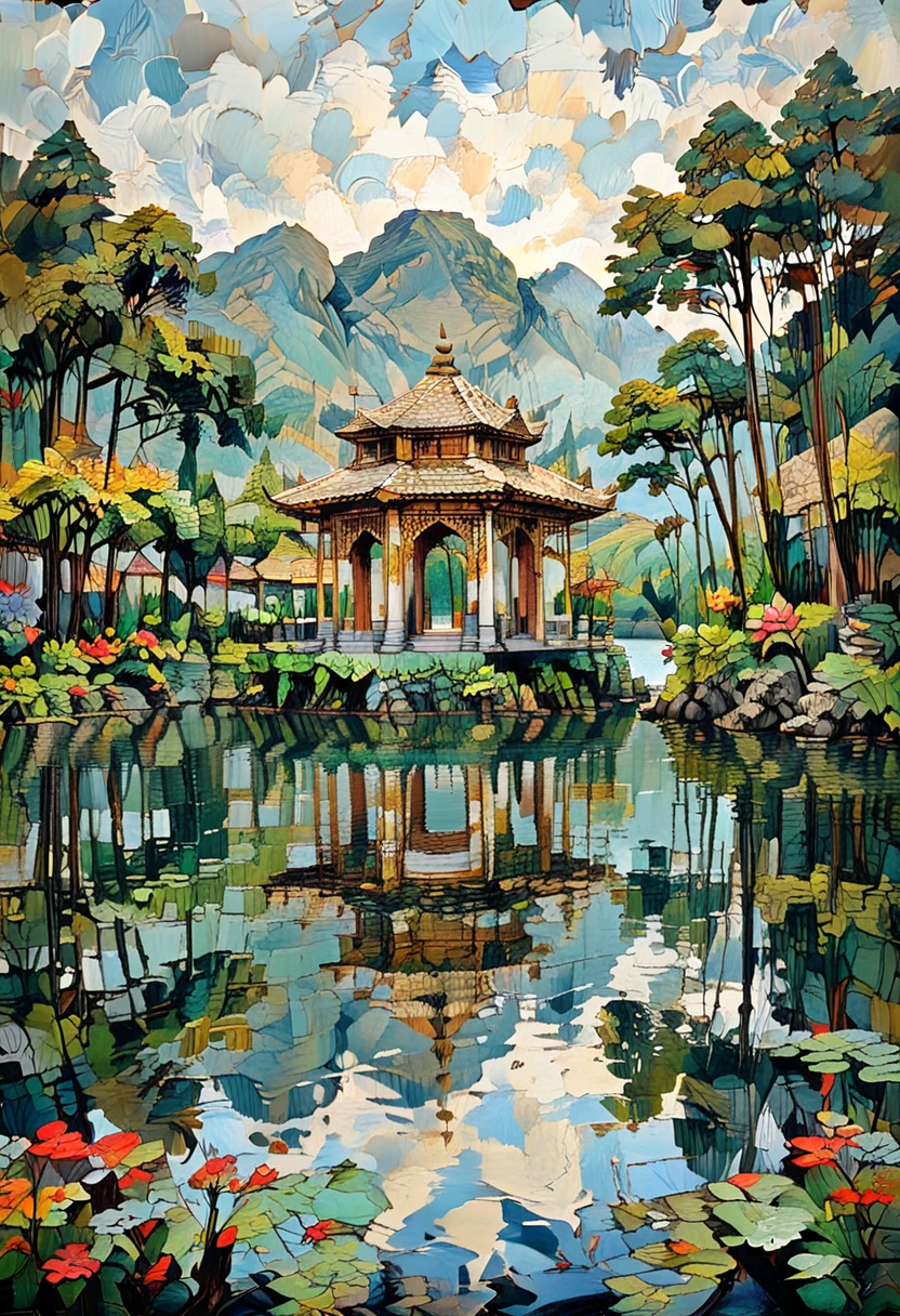 A floating Sundanese pavilion on a serene mountain lake with reflection in the water, Sundanese Architecture and Design,in memadukan_painter art style, <lora:Memadukan_Brush_Strokes_of_Fineart_SDXL:1.0>, memadukan_painter, Brush Strokes, Impasto