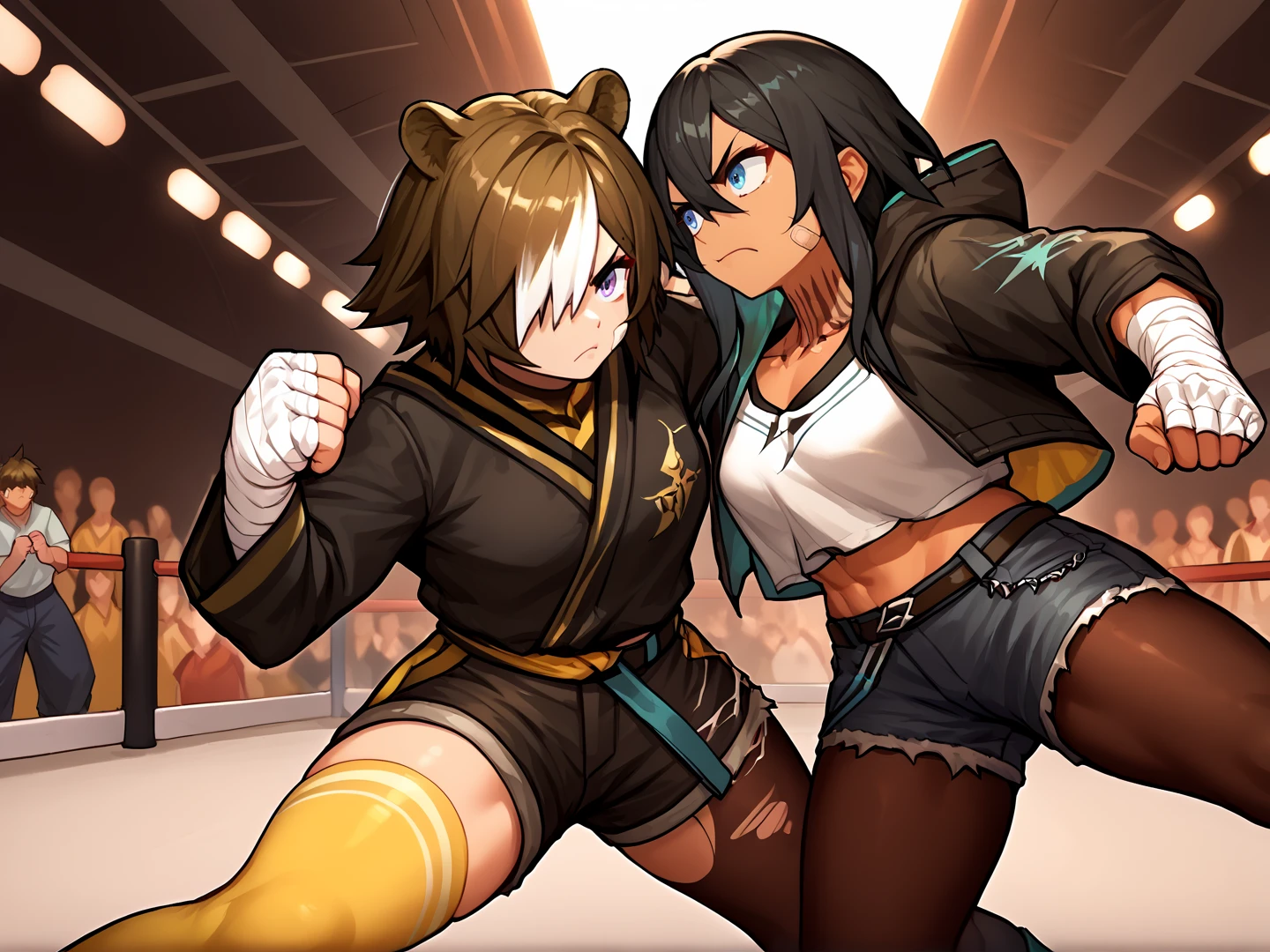 Masterpiece, high quality, score_9, score_8_up, score_7_up, highly detailed, multi-layered shading, (2girls:1.1), multiple boys, mixed martial arts, fighting, crowd, surrounded, faceless male, motion lines, serious, angry, <lora:23_The_Hentai_Artists_Art_Style_Revised_PonyXL:0.15> <lora:jin-jin:0.15>
BREAK  <lora:Arknights_Beehunter_PONY_XL:0.8> akbeehunter, bear ears, brown hair, white hair, purple eyes, short hair, multicolored hair, hair over one eye, black jacket, short shorts, boots, yellow single thighigh, long sleeves, bandaged hand, striped,
BREAK <lora:Arknights_Flint_Standart_outfit__Gorgeous_Flower_r1:0.8> Flint, dark skin, tattoo, black hair, hair between eyes, sidelocks, blue eyes, flint_jacket, crop top, hood, hood up, midriff, shorts, belt, black pantyhose, torn pantyhose, bandaged arms, bandaid on face, boots,