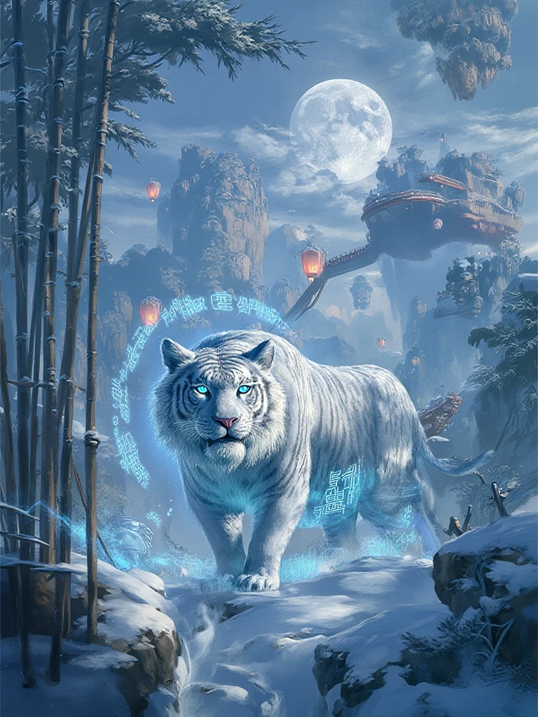 Use an Eastern aesthetic style. A colossal white tiger prowls through a snow-covered bamboo forest, its striped fur shimmering with frost crystals. The tiger's eyes glow with sapphire blue light, and ancient Chinese symbols float around its body like luminous mist. Tall bamboo stalks reach toward the moon, casting intricate shadows on the snow-covered ground. In the background, floating mountains connected by rope bridges hover in the clouds. Magical paper lanterns drift through the air, illuminating the scene with a soft, ethereal glow.