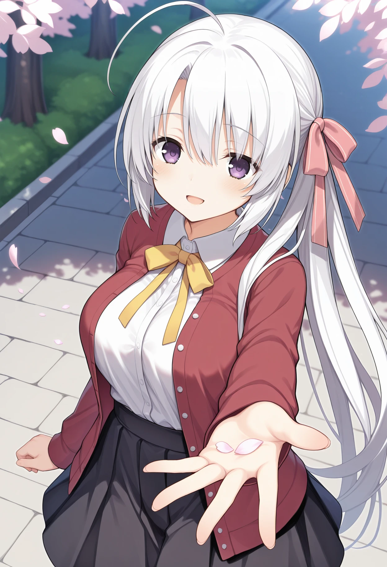 1girl, aanene, long hair, white hair, ahoge, side ponytail, hair ribbon, purple eyes, yellow bowtie, collared shirt, white shirt, red jacket, open jacket, long sleeves, black skirt, <lora:ayachi_nene_ilxl_v1:0.9>, standing, cowboy shot, outdoors, smile, open mouth, reaching, petals,
masterpiece, best quality, amazing quality