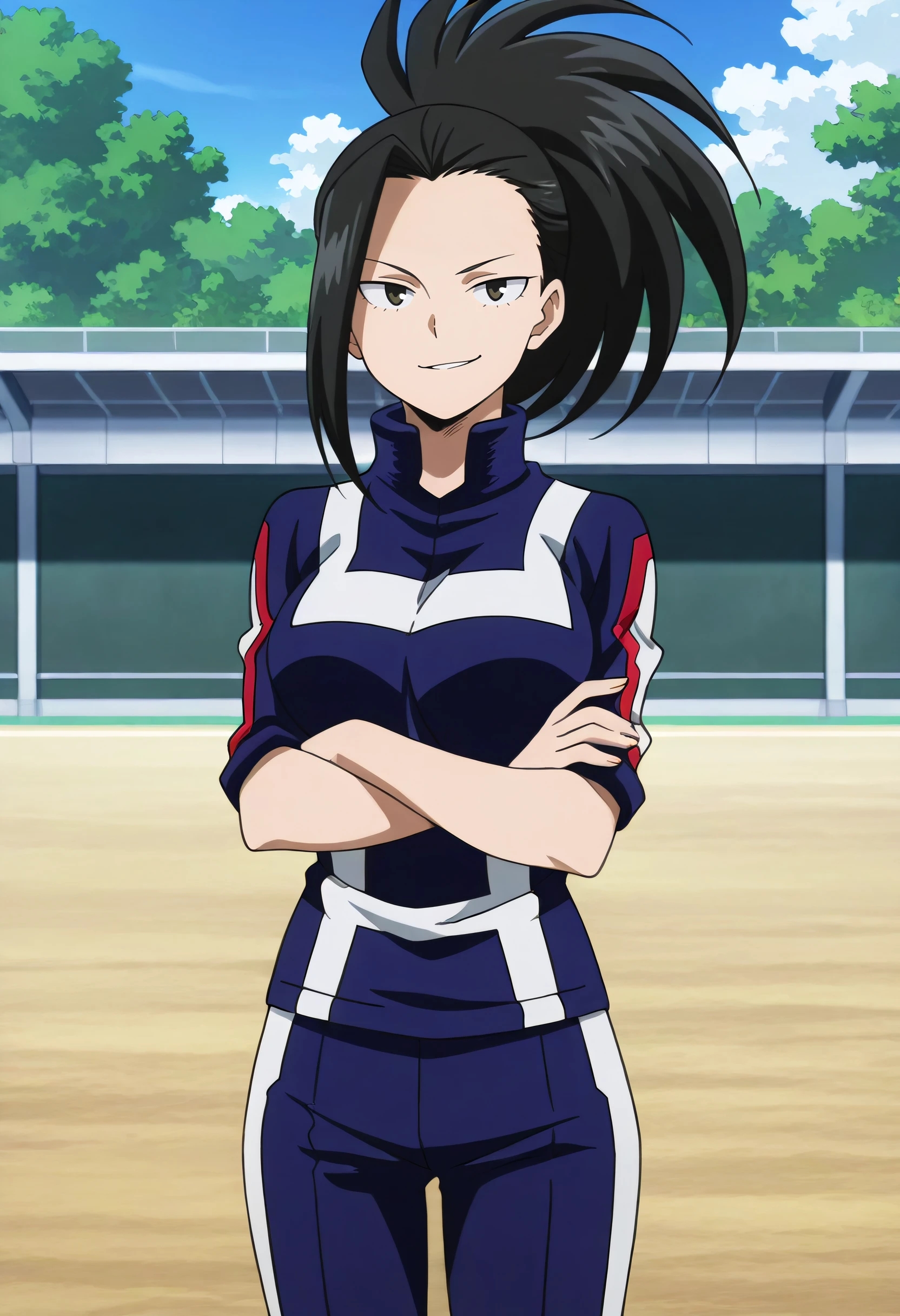 1girl, solo, m0y4, black hair, ponytail, black eyes, large breasts, outdoors, u.a. gym uniform, crossed arms, smirk, looking at viewer, anime screencap, anime coloring, masterpiece, best quality, amazing quality, <lora:Momo_Yaoyorozu-My_Hero_Academia-ilibibu-IL-v1:0.8>