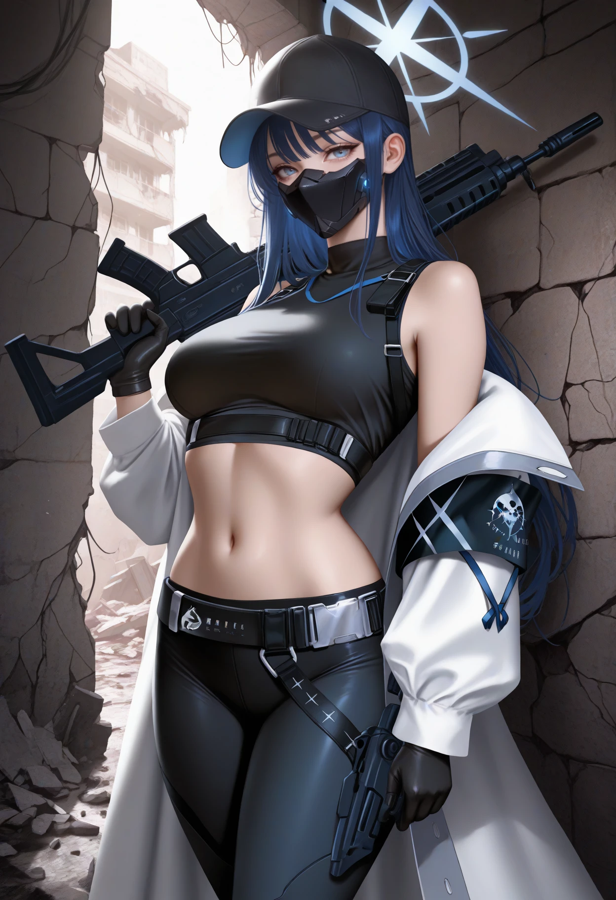masterpiece, best quality, realistic, solo, 1girl, sa0ridef, looking at viewer, standing, holding gun, assault rifle, weapon over shoulder, long hair, blue hair, black headwear, baseball cap, black mask, mouth mask, blue halo, blue eyes, white coat, open coat, off shoulder, long sleeves, black shirt, sleeveless shirt, crop top, chest harness, underbust, black gloves, black pants, black belt, bare shoulders, midriff, navel, indoors, abandoned, building, debris, cracked wall, stone wall, sunlight
<segment:yolo-face_yolov8m.pt,0.4,0.5//cid=1>