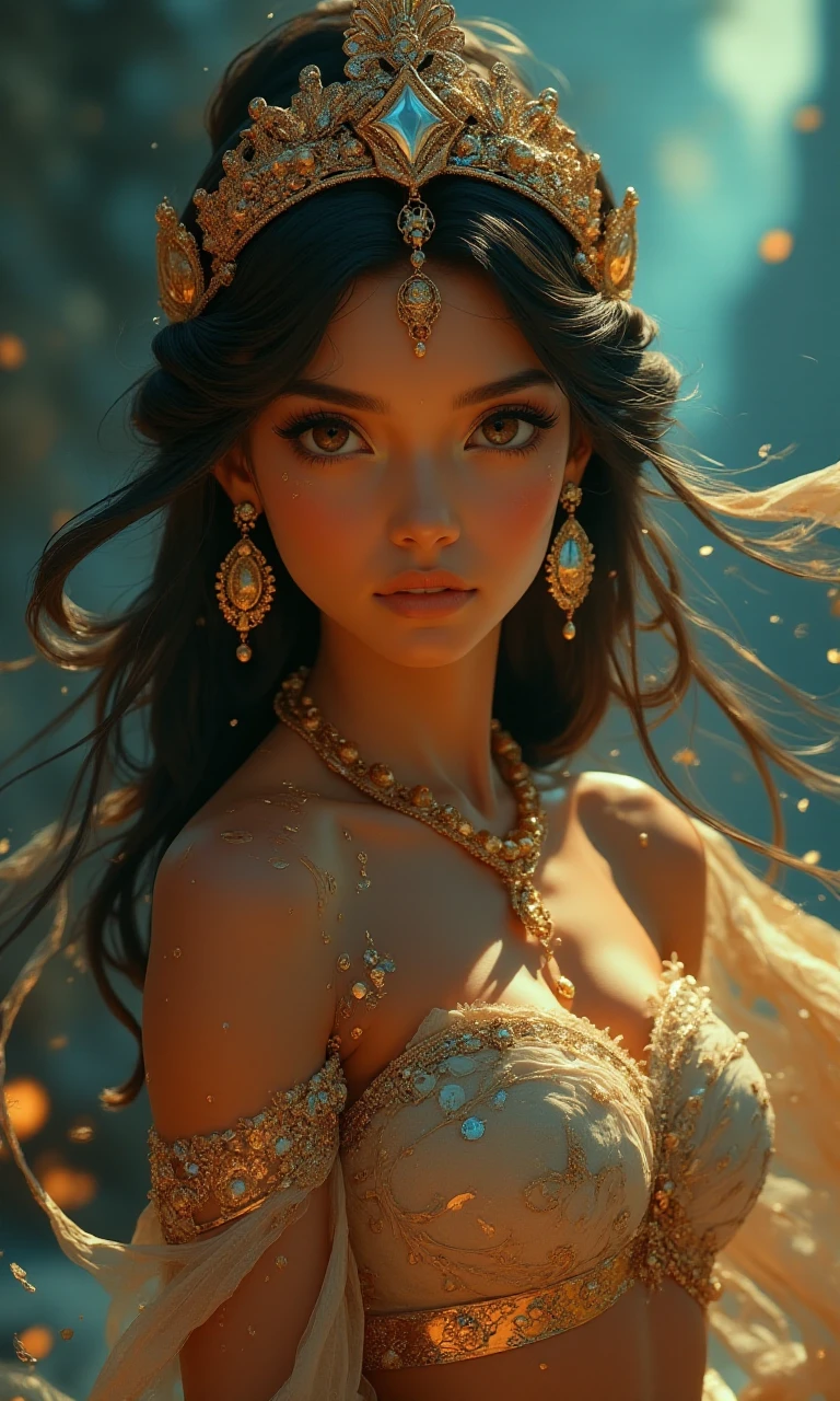 Stunning Princess Jasmine, 8k photo, in action, cinematic, beautiful, detailed, intricate, elegant, highly enhanced, dramatic light, sharp focus, illuminated background, divine, scenic, professional, artistic, attractive, pretty, cute, perfect, innocent, balanced colors, best, romantic, futuristic, stunning, magical, pure, wonderful, delicate, creative, positive, unique, flowing, color, shiny,