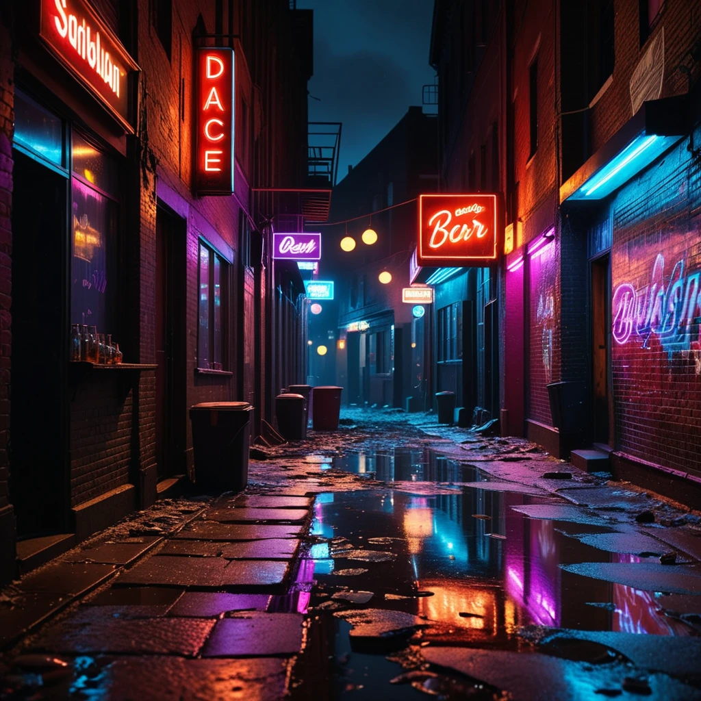 A dark and grimy alleyway behind a dance bar at night, illuminated by dim, flickering neon lights in shades of red and purple. The alley is narrow and lined with aged, graffiti-covered brick walls. Scattered trash and puddles reflecting the dim light create a gritty atmosphere. The scene feels damp and unwelcoming, with faint traces of smoke and steam rising from a nearby vent. Broken glass and discarded items litter the uneven ground. The distant hum of a neon sign and faint sounds of music leaking from the bar add to the urban, moody ambiance of the night.
<lora:SDXLFaeTastic2400:0.4> <lora:extremely_detailed:0.4> extremely detailed, Masterpiece,best quality,hi res,8k,hi res,8k,award winning,(sharp focus, intricate, highly detailed),