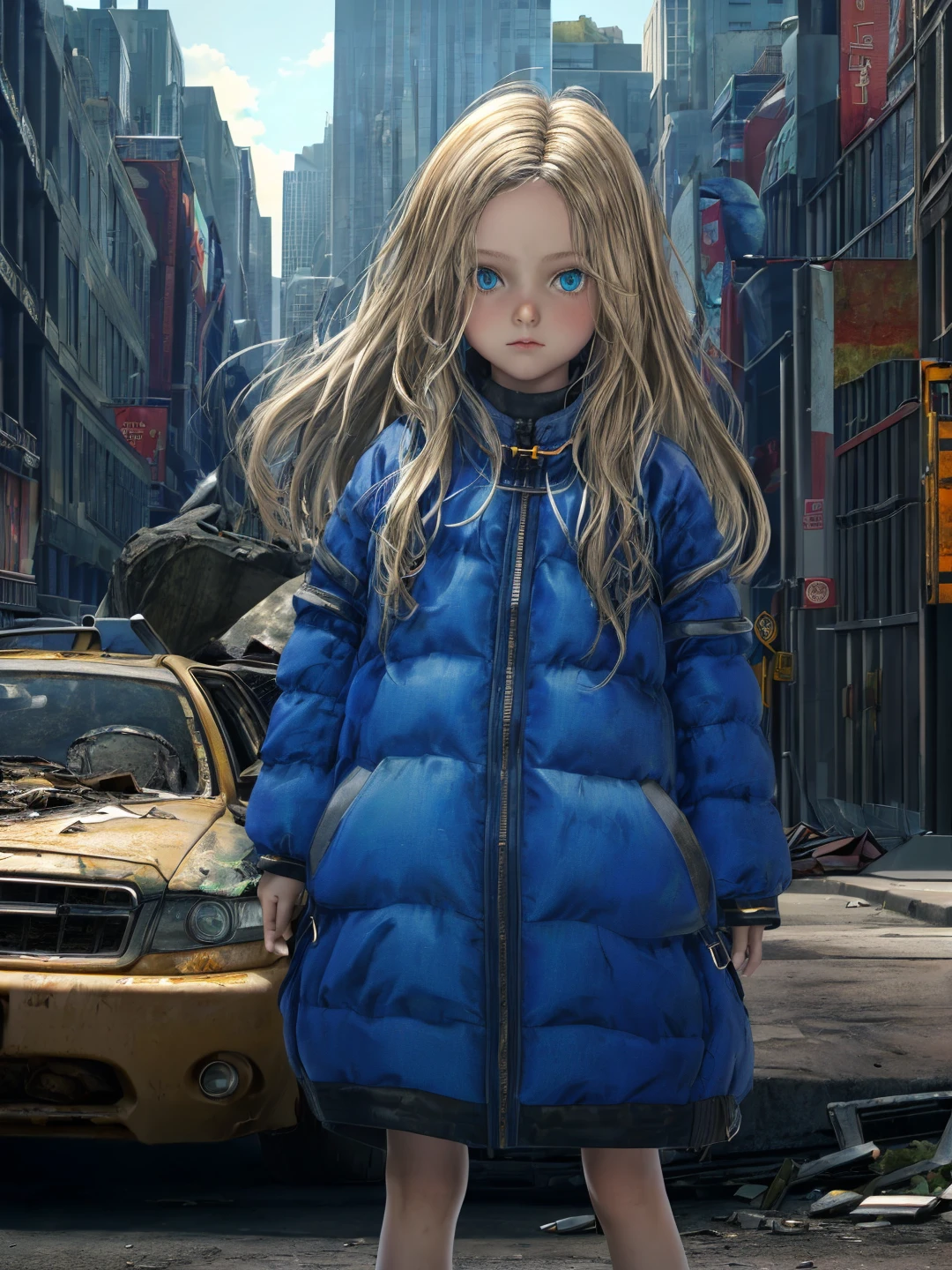 <lora:Diana_Pragmata_0R:0.7>, <lora:CC_Detail_Tweaker_1:0.5>
(photograph of a blonde hair little girl dianapragmata), blue eyes, detailed eyes, slim, petite, child, blue coat
solo focus, absurdres, (detailed skin:1.4), beautiful, (facing camera:1.2), (looking at camera), (cowboy shot:1.4), (facing viewer:1.2), standing
(outdoors, science fiction, future, new york, city ruins, street, destructed buildings, wrecked car)