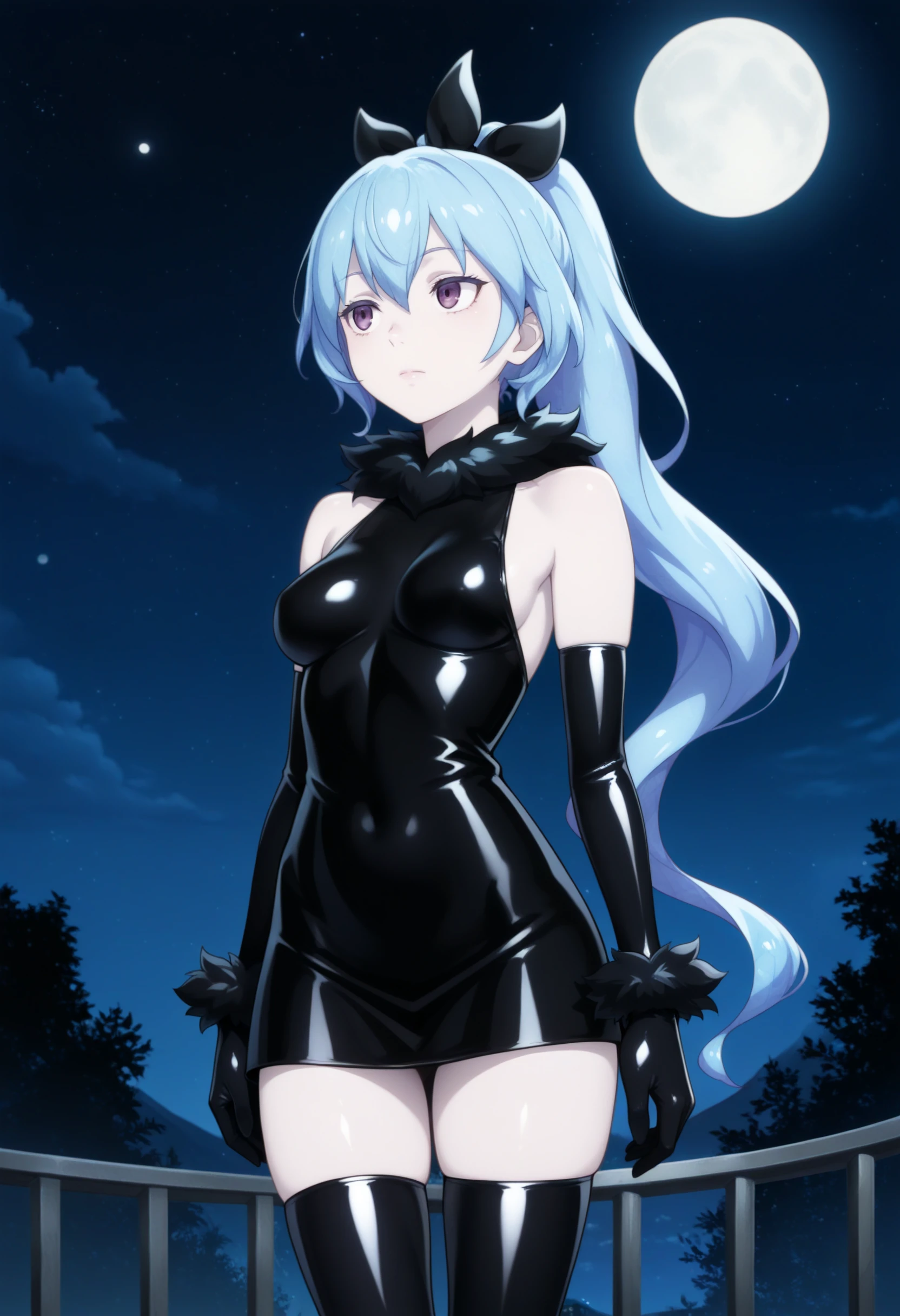 best quality, masterpiece \(quality\),
rikugen kyoko, crystal hair, ponytail, hair ribbon, pale skin, (black fur:1.2),
expressionless,  closed mouth, 
1girl, solo,
black latex, sleeveless dress, black ribbon, elbow gloves, thighhighs, standing, cowboy shot, black fur collar, black fur cuffs, 
night sky, full moon,
<lora:faux-rikugen-kyoko-noobvpred-attn-rank128a32-adaf-2024-12-30_00-18-35-save-666-9-0:0.8> <lora:latex-fantasy-noobvpred-v15mk2-step10560-rank256:0.8>