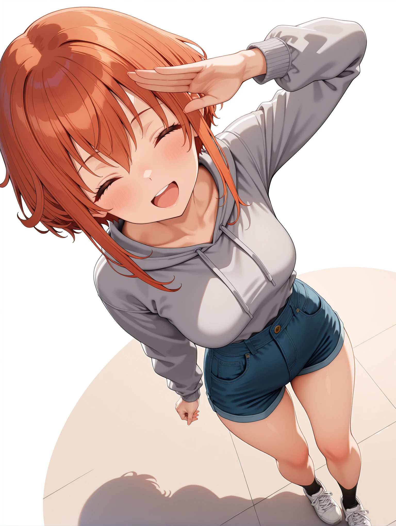 masterpiece,best quality,amazing quality,
solo,1girl,
<lora:sugumi_ilxl_v1.2:1>,sugumi,imagine,gray hoody,high-waist denim shorts,black socks,sneakers,
<lora:Fixhands_anime_bdsqlsz_V1:1>,cinematic_angle,dynamic_angle,white_background,simple_background,looking_at_viewer,face_focus,salute,from_above,looking_up,:d,light_blush,closed eyes,