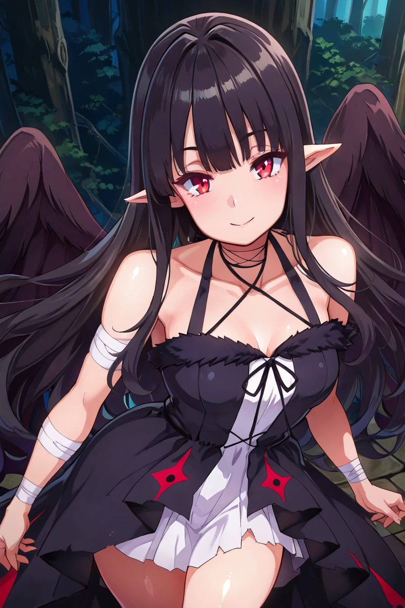 masterpiece, best quality, solo, curvy, beautiful eyes,,<lora:EveReeseIXL:1.0>, zzEve, long hair, bangs, black hair, red eyes, pointy ears,   black wings, bare shoulders, halterneck, black dress, collarbone, bandages,  from above, dynamic pose, cowboy shot, smile, looking at viewer, shiny skin,