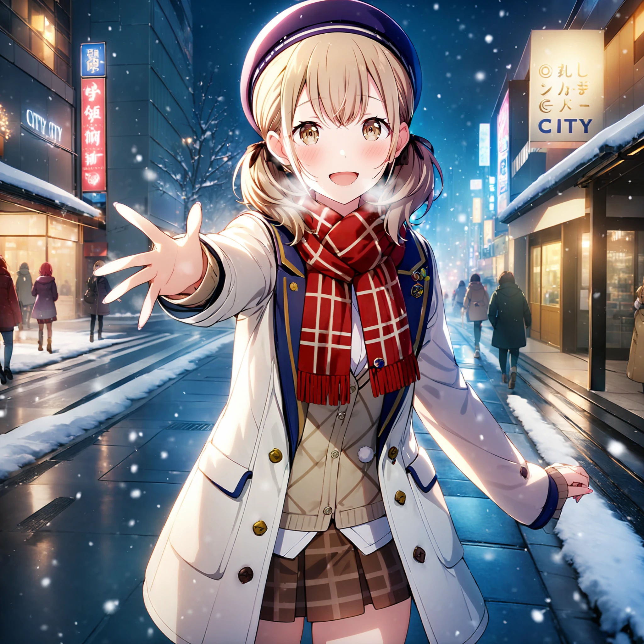 1girl, azusawa kohane, project sekai, masterpiece, very aesthetic, absurdres, official art,
hamsterinpocket, low twintails, blond short hair, beige eyes, hair between eyes, perfect hand, 
(reaching towards viewer:1.2), (looking at viewer:1.4), :D, (walking:1.2), cowboy shot, blush, heavy breathing, BREAK
red scarf, miniskirt, white coat, brown skirt, red hair ribbon, purple beret, brown cardigan, white coat, pom pom (clothes), plaid skirt, open coat, fringe trim, sleeves past wrists, badge, earring, stuff in pocket, 
(snowing, winter scenery, snow city:1.4), Tokyo, Shibuya, intersection, silent scenery, City of night, illumination,
 <lora:sdxl-vbs-HamsterInPocket01:0.8:lbw=0,0,0.2,0.2,0,0.4,0.4,0,0.8,0.8,0,0,0,0.8,0.8,0.6,0.8,0.0,0.0,0.0,0,0,0,0,0,0>