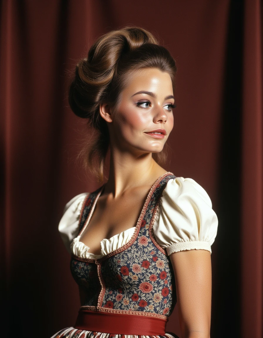 a woman dressed in a dirndl with a huge bouffant hairdo getting her portrait taken  <lora:susan-dey-flux:1.1>