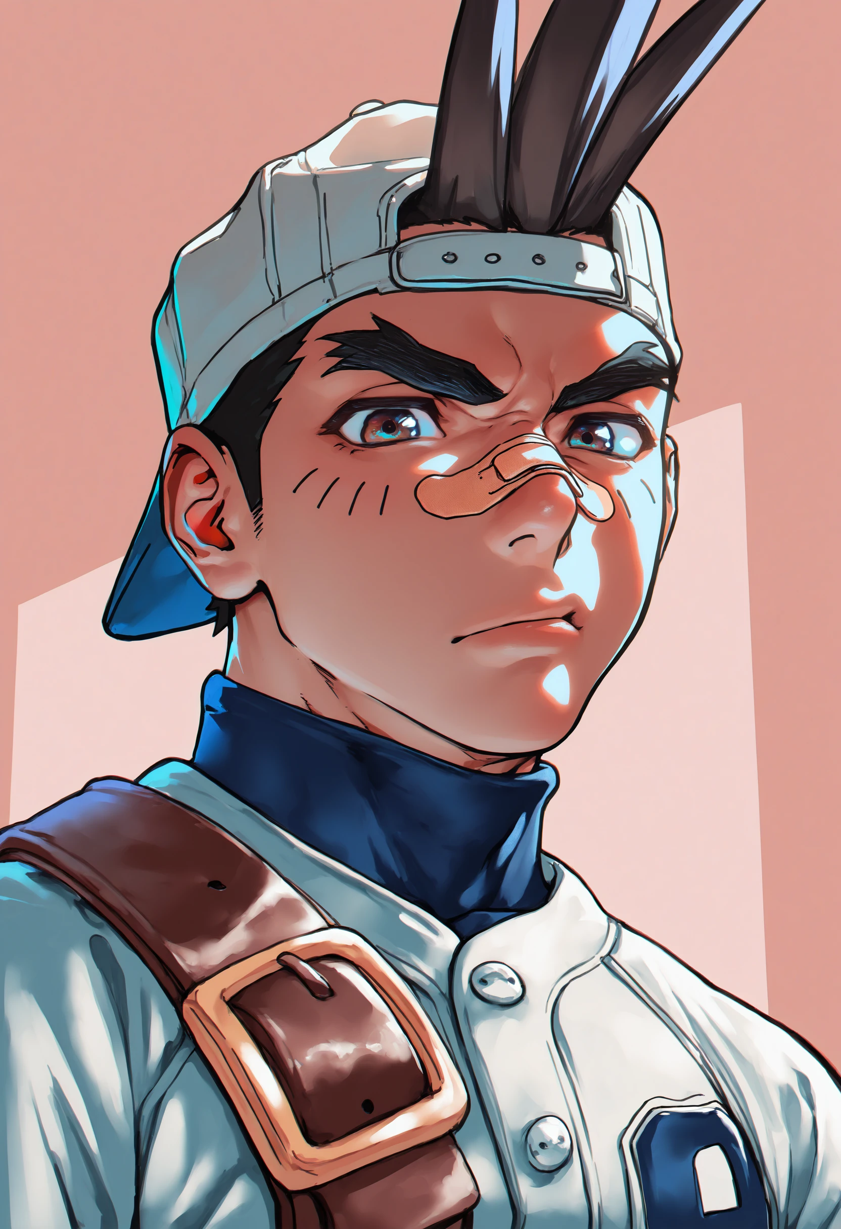 masterpiece, best quality, newest, absurdres, highres, very awa, 1boy, male, male focus, sawamura shouma, hair through headwear, backwards hat, bandaid on nose, baseball uniform, portrait, from below