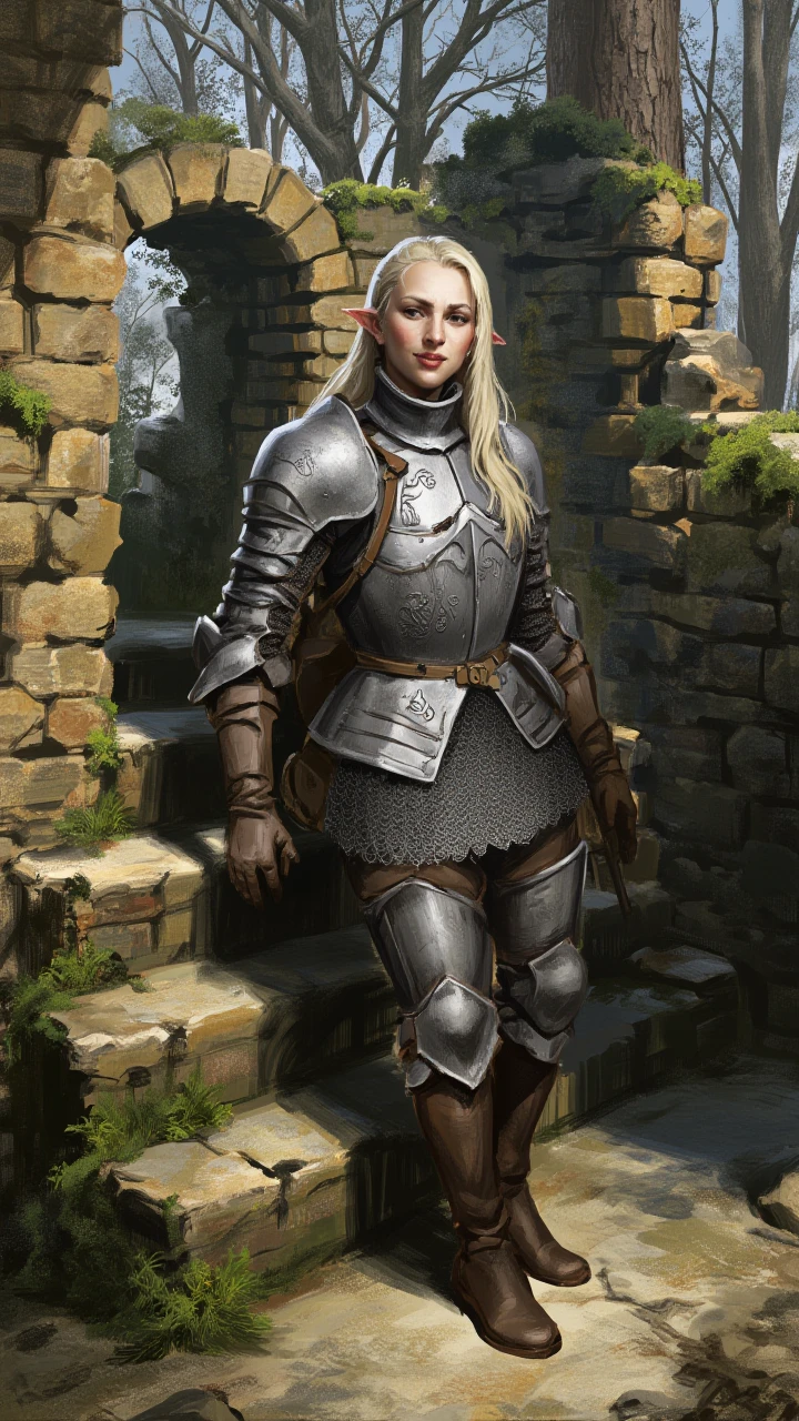 illustration in dad artstyle, woman in her late 20s leaning against a stone mossy wall. dressed in detailed medieval silver plate armor with intricate gravings and chainmail underneath. she has long straight platinum blonde hair with long pointed ears. outdoor forest ruins setting, sunlight casting shadows, stone mossy destroyed steps in foreground, rocky ground, bare trees, natural lighting, dutch angle