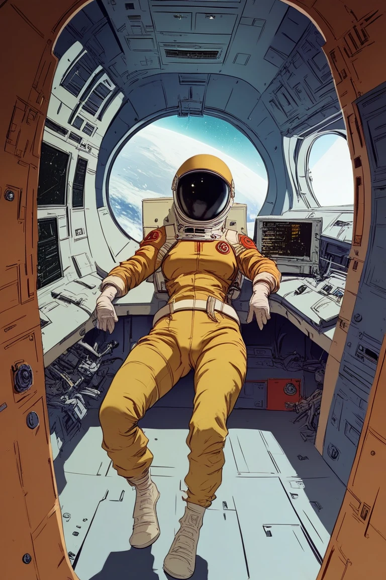 A female astronaut, 1girl, jumpsuit, helmet, spaceship interior, cameltoe, computer screens, machinery, window, outer space, score_9, score_8_up, score_7_up