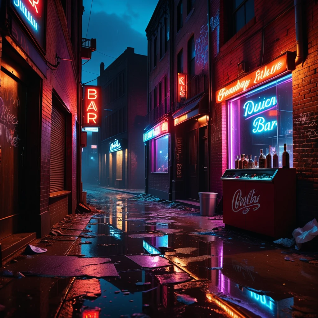 A dark and grimy alleyway behind a dance bar at night, illuminated by dim, flickering neon lights in shades of red and purple. The alley is narrow and lined with aged, graffiti-covered brick walls. Scattered trash and puddles reflecting the dim light create a gritty atmosphere. The scene feels damp and unwelcoming, with faint traces of smoke and steam rising from a nearby vent. Broken glass and discarded items litter the uneven ground. The distant hum of a neon sign and faint sounds of music leaking from the bar add to the urban, moody ambiance of the night.
<lora:SDXLFaeTastic2400:0.4> <lora:extremely_detailed:0.4> extremely detailed, Masterpiece,best quality,hi res,8k,hi res,8k,award winning,(sharp focus, intricate, highly detailed),