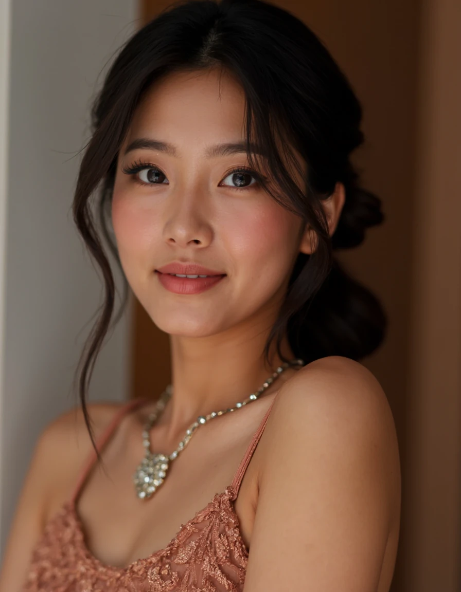 This is a beautiful photograph of a woman,bright glistening skin,realistic skin,skin pores,upper body,dress,