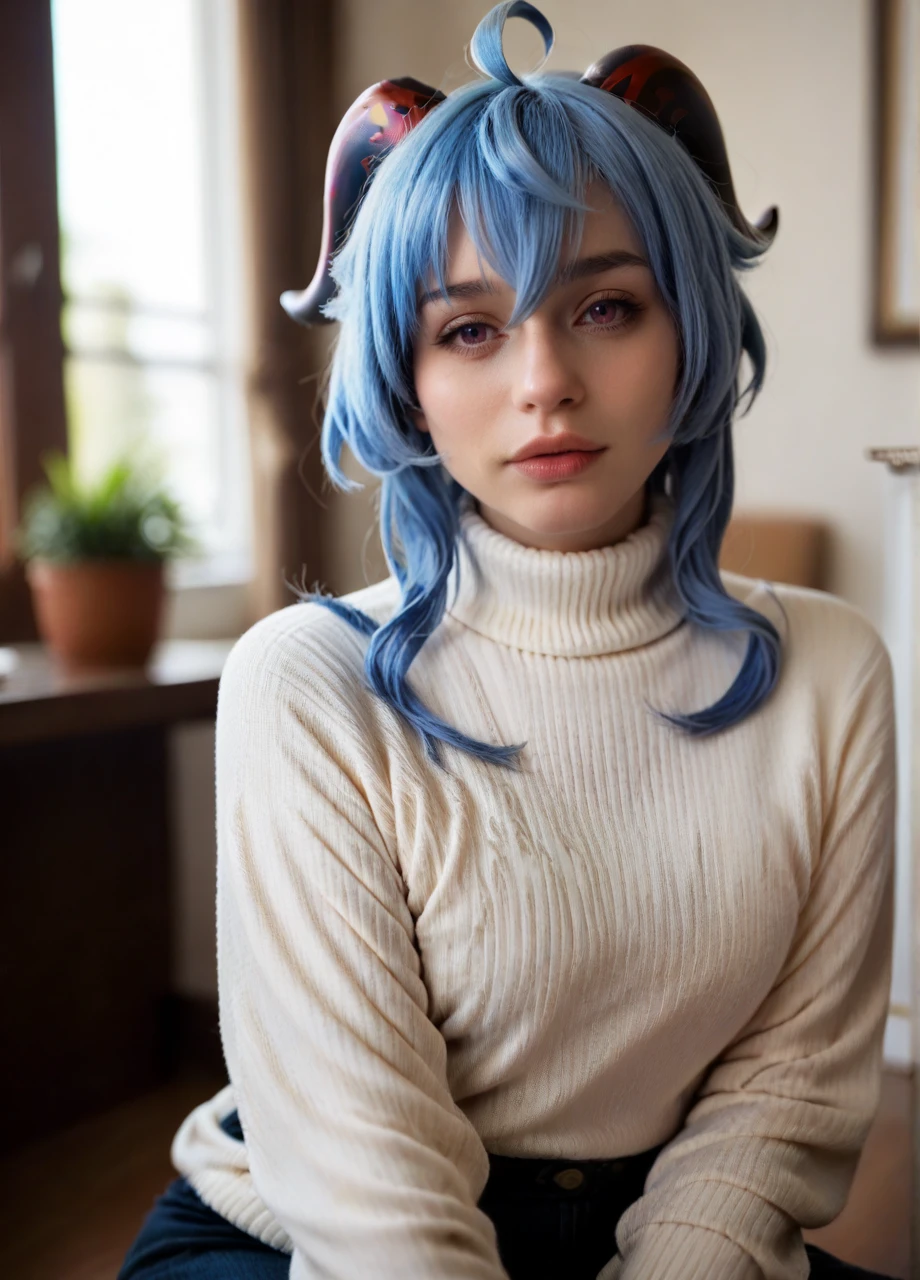 <lora:Cosplay_Shadory-PONY:0.8> shadorycos, 1girl, solo, ganyu, looking at viewer, turtleneck sweater, blue hair, horns, sitting, indoors, blurred background, posing, photo, score_8_up, score_7_up, score_6_up, score_5_up, score_4_up,