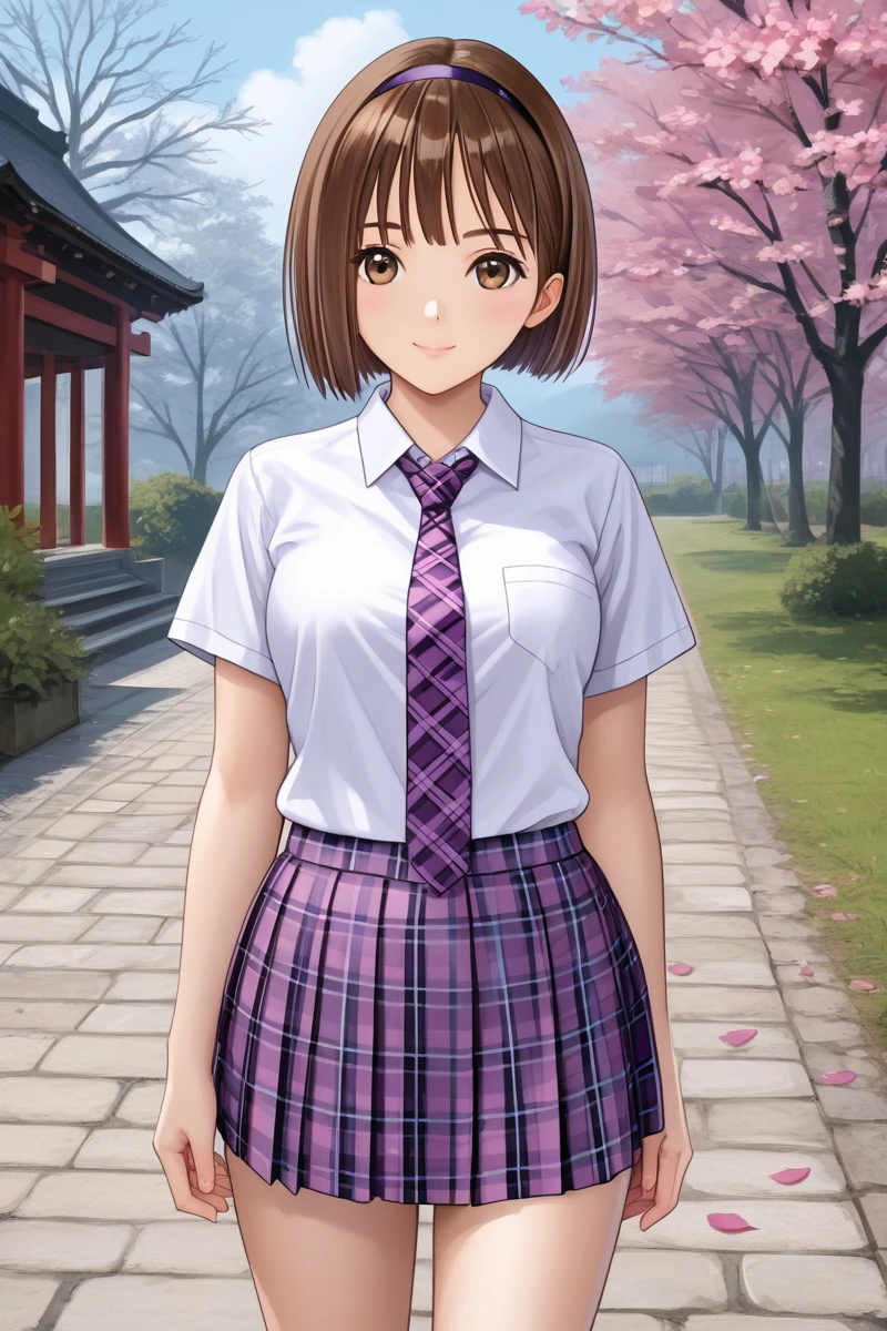 1girl, solo, looking at viewer, short hair, skirt, japanese temple, sakura petal, sakura tree, center of attention,  brown hair, brown eyes, school uniform, standing, jacket, cowboy shot, pleated skirt, hairband, purple tartan necktie, plaid, plaid skirt, bob cut,  Hoshizaki Ao, white shirt, short sleeves, school uniform outfit,<lora:Hoshizaki_Ao_Blue_Reflection_Pony:0.95>,  sexy pose, sexy smile,