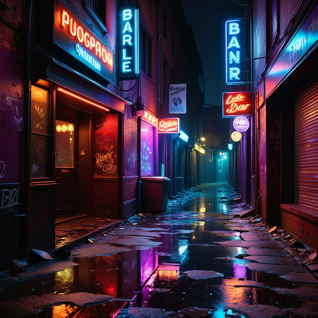 A dark and grimy alleyway behind a dance bar at night, illuminated by dim, flickering neon lights in shades of red and purple. The alley is narrow and lined with aged, graffiti-covered brick walls. Scattered trash and puddles reflecting the dim light create a gritty atmosphere. The scene feels damp and unwelcoming, with faint traces of smoke and steam rising from a nearby vent. Broken glass and discarded items litter the uneven ground. The distant hum of a neon sign and faint sounds of music leaking from the bar add to the urban, moody ambiance of the night.
<lora:SDXLFaeTastic2400:0.4> <lora:extremely_detailed:0.4> extremely detailed, Masterpiece,best quality,hi res,8k,hi res,8k,award winning,(sharp focus, intricate, highly detailed),