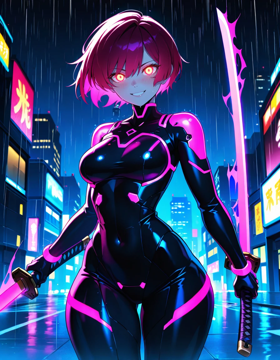 high quality, highres,(masterpiece:1.2), best quality, amazing quality, very aesthetic, absurdres,(close up1.3), detailed face,
sexy, thicc, wide hips, small waist, soft blush, smile,medium breasts,looking at viewer,
cyberpunk, female warrior, glowing neon armor, katana, dark cityscape, cybernetic implants, short hair, glowing eyes, urban night, futuristic, sleek design, dynamic pose, power aura, city lights, rain, sci-fi aesthetic