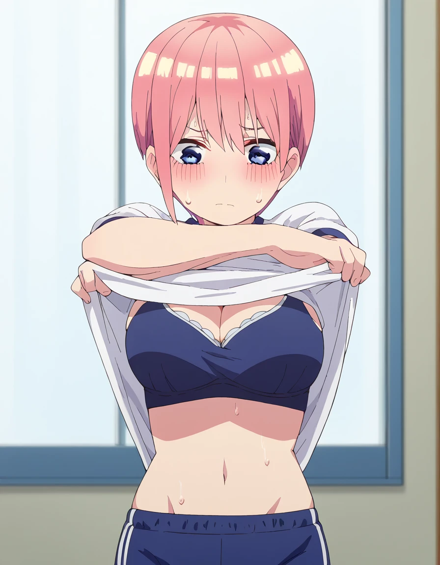 masterpiece, highest quality, 1 girl, anime screen capture、(())、((low length))、alone, chest, swollen nipples, short hair、wavy hair、 open your mouth, bikini lift, looking at the viewer, pink hair、 belly button, blush, ((((small breasts)))), :o, (((embarrassing)))、both armpits、hands behind head, 水色striped bikini, (((upper boDy))), orange eyes, Sweat,striped bikini, upper 歯 only、locker room