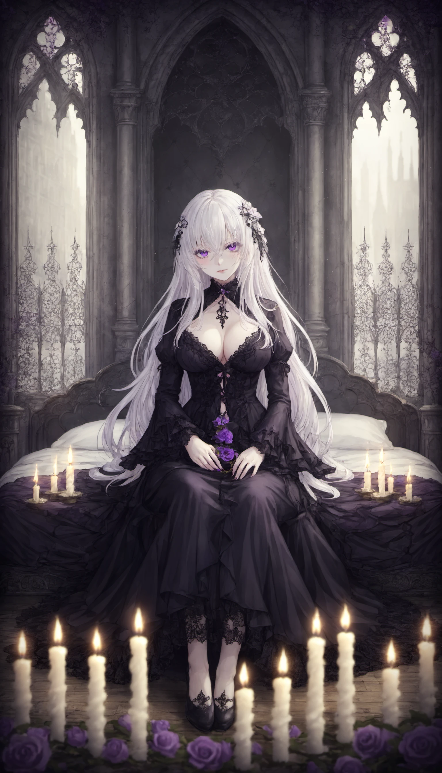 1girl, white hair, purple eyes, mature, long hair, sitting, looking at viewer, bed, bedroom, gothic interior, black dress, lace, frills, cleavage, breasts, candles, romance,