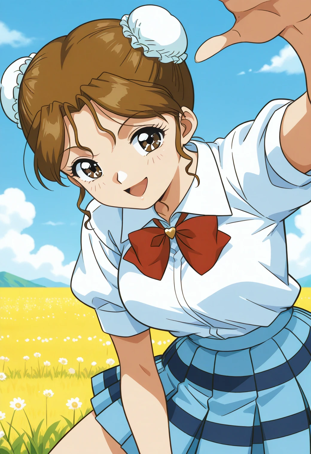 sr5_akira, retro artstyle, brown eyes, brown hair, bun cover, school uniform, red bowtie, white shirt, collared shirt, short sleeves, blue skirt, plaid skirt, <lora:SR5_akira_illustrious_ver1:0.8>
smile,, masterpiece, best quality, sensitive,, 1girl, solo, (field:1.2), (blue sky:1.2), looking at viewer,, (cowboy shot, dynamic pose:1.4),