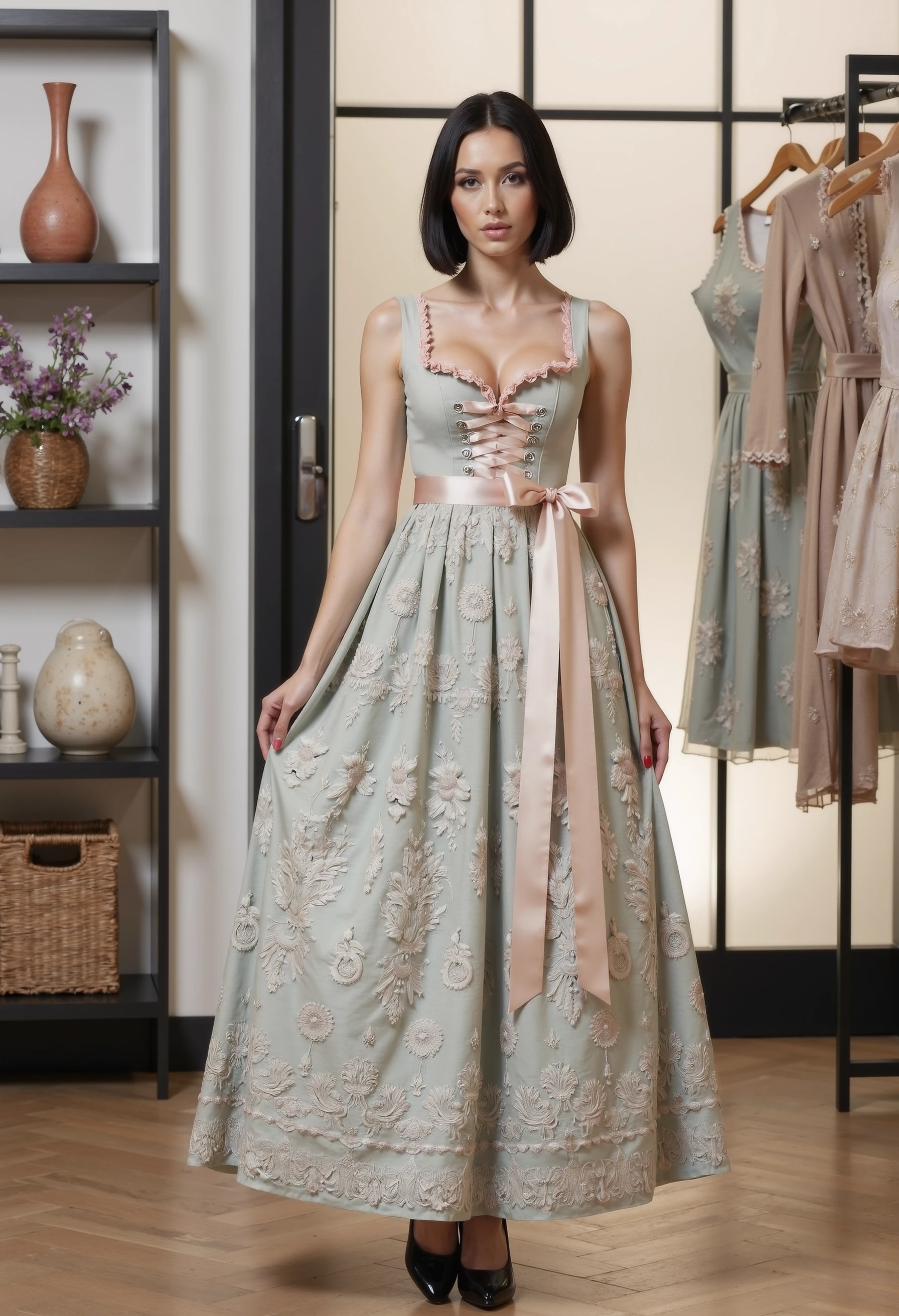 clo032, full body shot, beautiful young woman wearing A traditional dirndl dress in pale sage green with intricate floral lace embroidery on the skirt, a sleevless corset-style bodice with metallic hooks and a pink satin ribbon lace-up, finished with a pink ruffle neckline and sash bow. black high heels. posing in a fashion shop, black short hair