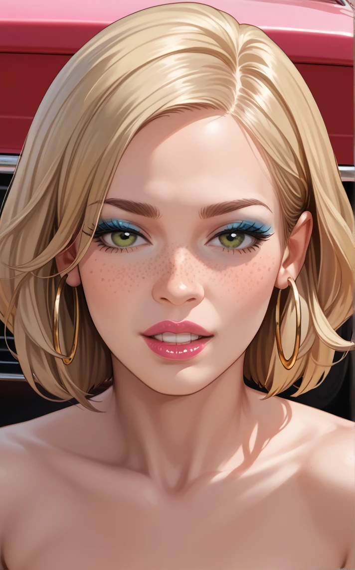 score_9, score_8_up, score_7_up, 
PONYXL_STYLE_mosqhentai_ownwaifu, 1girl, short hair, blonde hair, brown eyes, jewelry, nude, hoop earrings, teeth, parted lips, makeup, ground vehicle, motor vehicle, freckles, looking at viewer, bare shoulders, collarbone, eyelashes, portrait, lipstick, blue eyeshadow, nose, realistic, blond woman with green eyes and pink lips posing in front of a pink car
<lora:PONYXL_STYLE_mosqhentai_ownwaifu:1>, 
,