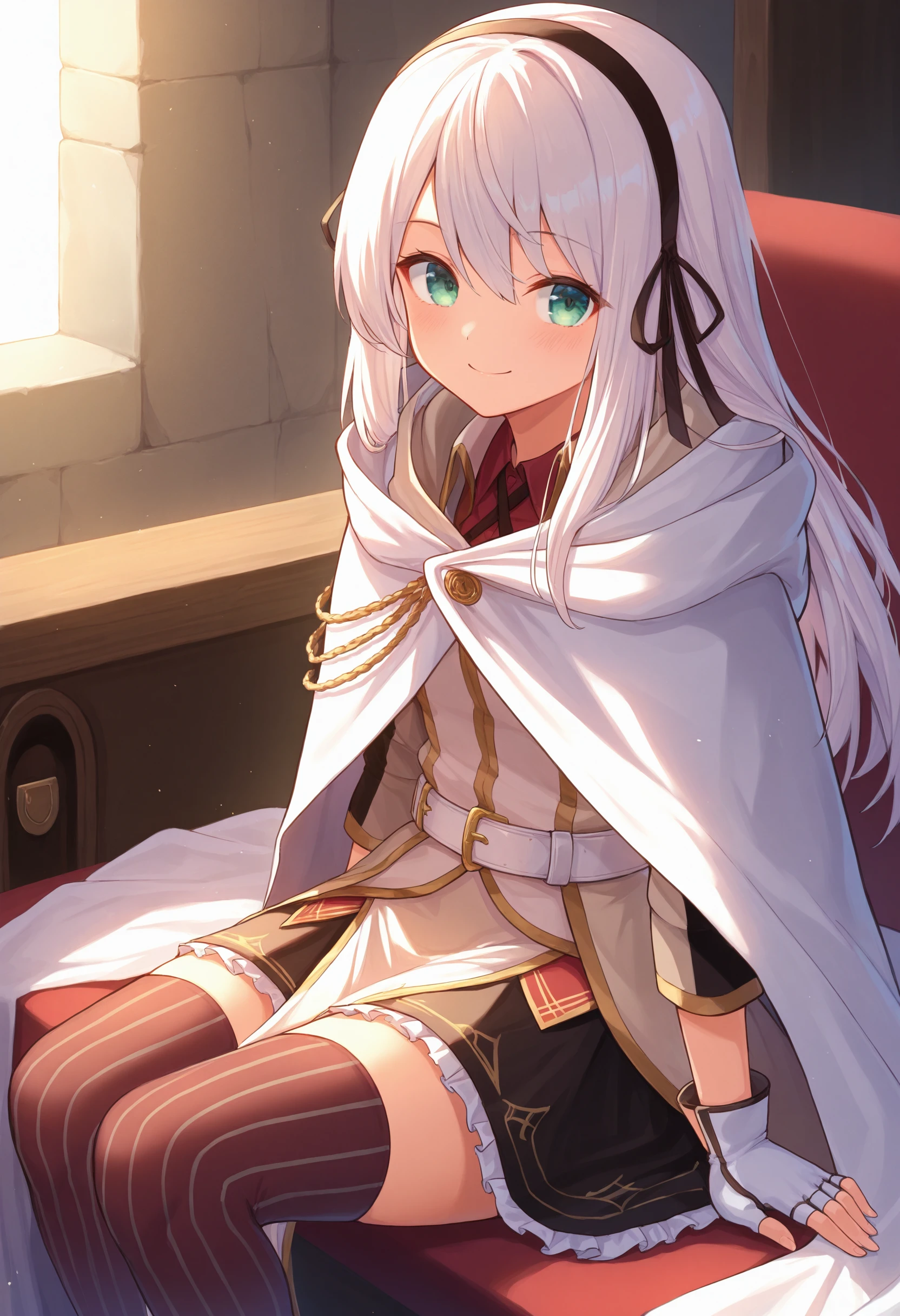 masterpiece, best quality, absurdres, safe
1girl avilia, long hair, hairband, hair ribbon, smile
white cloak, white cape, belt, fingerless gloves, shirt, white gloves, skirt, cape, long sleeves, hood, black skirt, frilled skirt, striped thighhighs, pelvic curtain
sitting, looking at viewer
<lora:avilia_amnesia_il_d32:1>