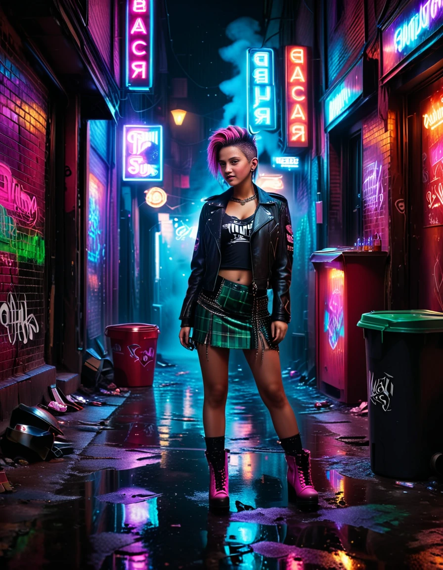 A young woman dressed in punk style standing confidently in a gritty alleyway,all3yway behind a strip club. She wears a leather jacket adorned with spikes, a ripped band T-shirt, a plaid skirt with chains, fishnet stockings, and combat boots. Her hair is styled in a bold mohawk dyed in vibrant colors like pink and green. Her expression is fierce and rebellious, with smudged dark eyeliner emphasizing her bold look. The alleyway is dimly lit with neon signs casting reflections on wet pavement. Trash bins, graffiti-covered walls, and a faint purple glow from a backdoor light add to the atmosphere. A hint of smoke lingers in the air, completing the urban, edgy vibe of the scene.<lora:SDXLFaeTastic2400:0.4> <lora:extremely_detailed:0.4> extremely detailed, <lora:all3yway:1>, Masterpiece,best quality,hi res,8k,hi res,8k,award winning,(sharp focus, intricate, highly detailed),