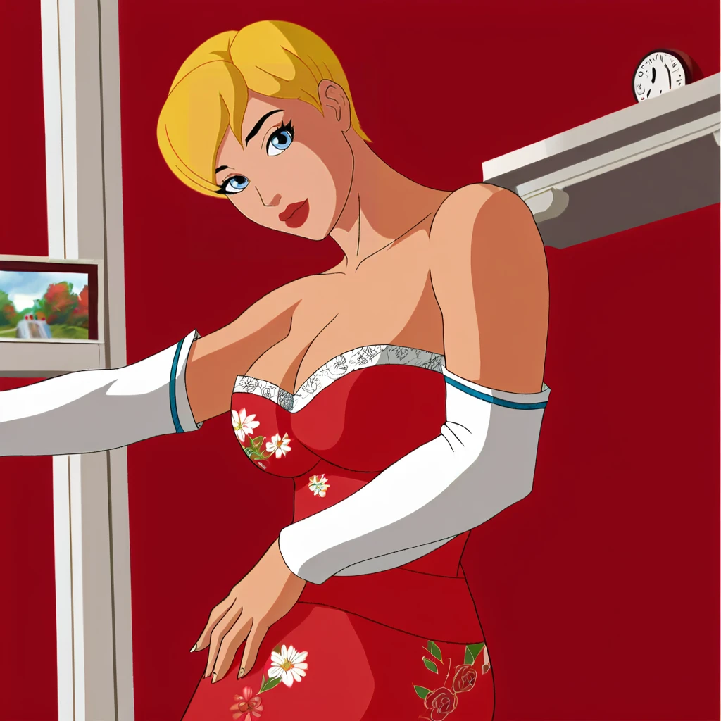 <lora:powergirlpublicenemies_pony_v1:.65> PowerGirlPublicEnemies, 1girl, blonde hair, large breasts, short hair, blue eyes, lipstick, makeup, lips,dark skin, cowboy shot, <lora:1007 Chinese wedding dress_v1_pony:1> ruanyi1007,bare shoulders,detached sleeves,red dress,floral print,strapless dress,