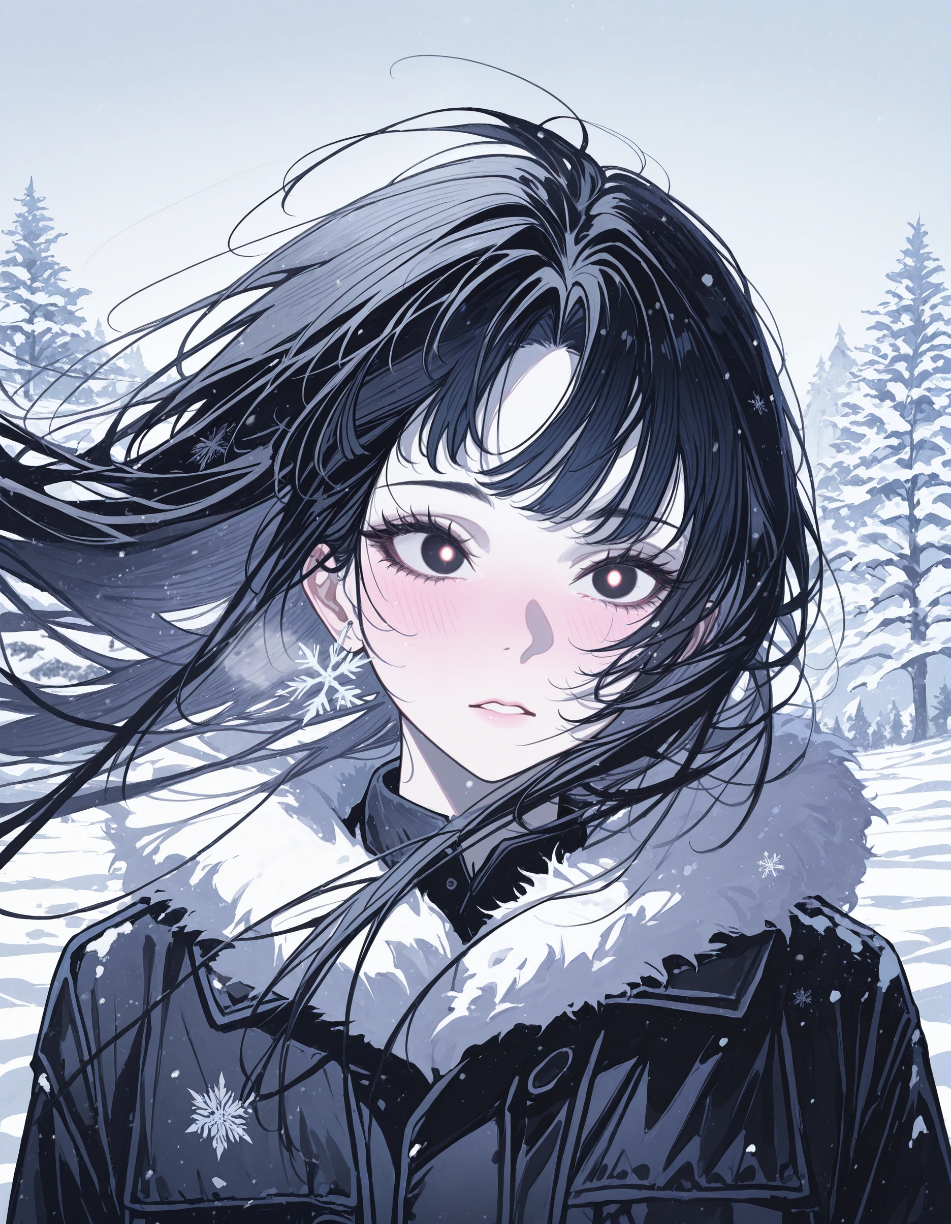 masterpiece, best quality, amazing quality, very aesthetic, absurdres, newest, <lora:kafka02_illu:1>,kafka02_illu, 1girl, solo, black hair, parted lips, long hair, bangs, floating hair, portrait, black eyes, snow, detailed winter-themed background, snowflakes, icy mist, serene expression, glowing eyes, intricate hair strands, cold breath, fur-trimmed winter coat, wind-swept hair, soft blush, ambient lighting, snow-covered ground, delicate snowfall, ethereal glow, dark jacket, high contrast, soft focus, scenic atmosphere, pale skin, frosted trees, snow sparkles, cinematic composition