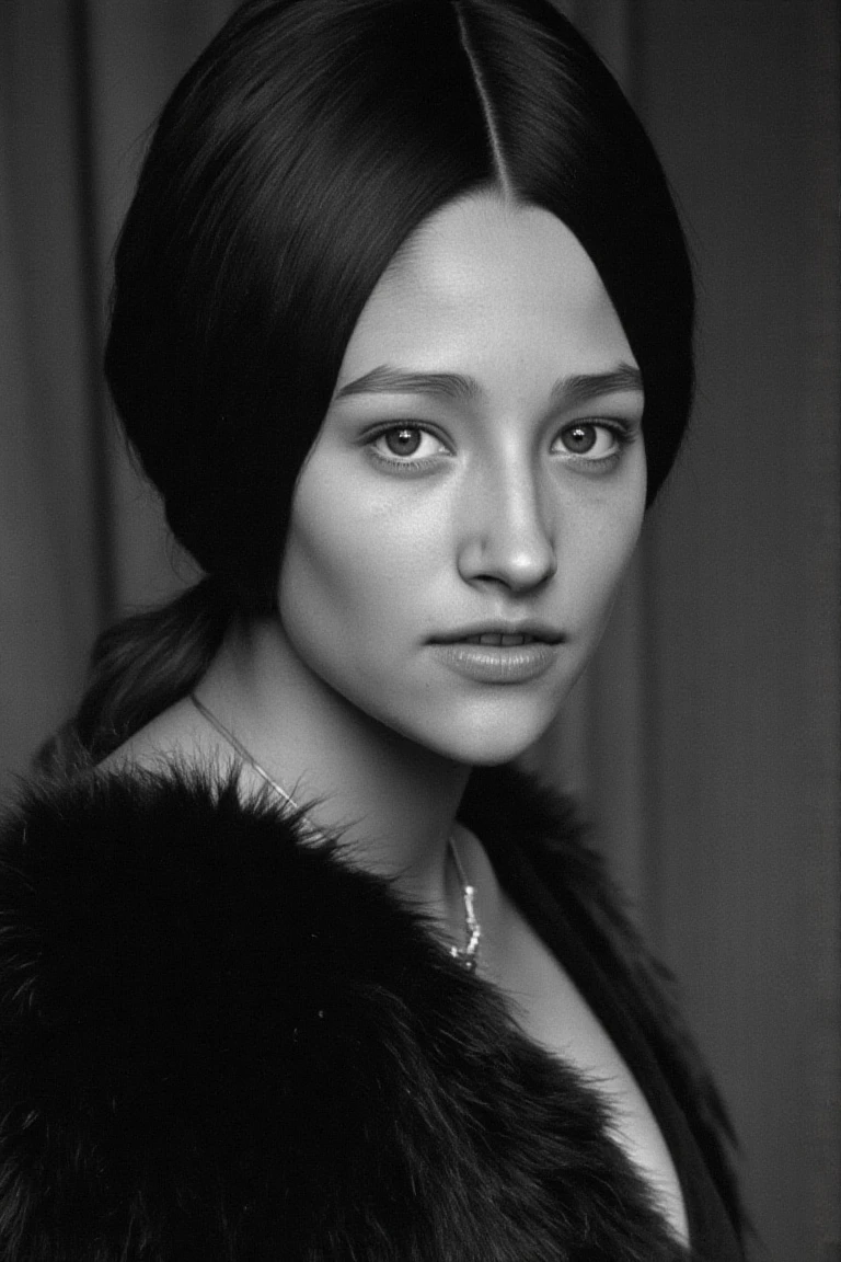 black and white portrait inspired by Peter Lindbergh's photographic style of oliviahflx, a woman looking directly into the camera. ** Lighting ** must be soft and natural,avoiding exaggerated perfection,and focusing on capturing the human essence and the natural beauty of women.