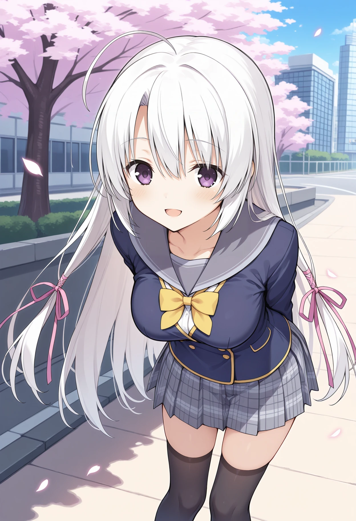 1girl, aanene, long hair, white hair, ahoge, hair ribbon, breasts, purple eyes, school uniform, grey sailor collar, yellow bowtie, blazer, black jacket, long sleeves, plaid skirt, grey skirt, black thighhighs, <lora:ayachi_nene_ilxl_v1:0.9>, arms behind back, leaning forward, standing, outdoors, open mouth, cherry blossoms, smile, building, road,
masterpiece, best quality, amazing quality