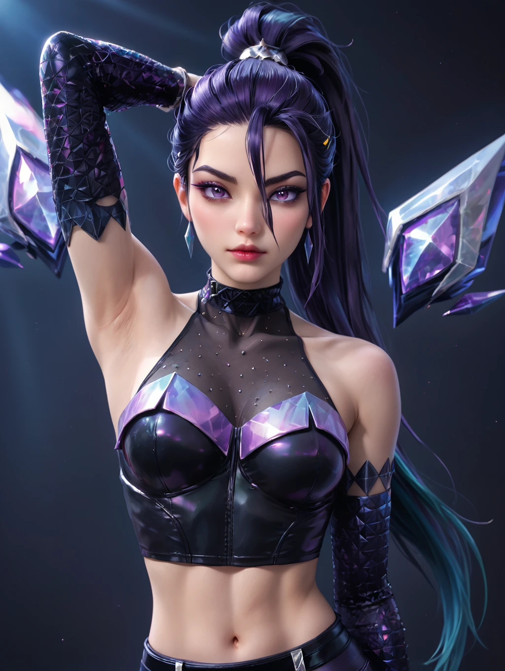 1girl, k/Da (league of legends), kaisa, (official k/da), (league of legends), purple high ponytail, k/da two-tone outfit, <lora:KaisaPonyV1:0.6>
looking at viewer, arm behind head, arm up,