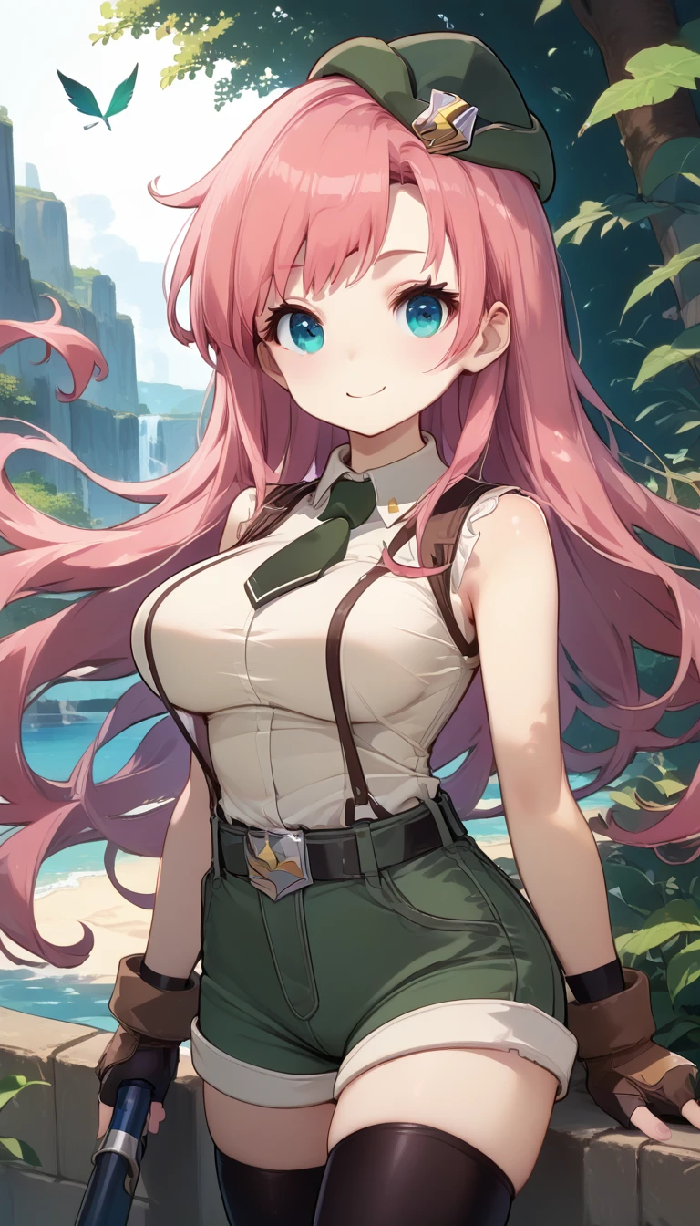 score_9,score_8_up,masterpiece,best quality,correct anatomy,anime_source,1girl,solo,perfect eyes,perfect arms,perfect legs,perfect face,outdoors,upper body,(portrait:1.5),looking at viewer,facing viewer,smile,blush,Novice female,Novice female uniform,beret,very long hair,pink hair,floating hair,bangs,blue eyes,collared shirt,sleeveless shirt,beige shirt,large breasts,dark green necktie,bare arms,fingerless gloves,black belt,suspender shorts,green shorts,short shorts,shorts rolled up,zettai ryouiki,black thighhighs,boots,<lora:TNT-Novice female(tnt)-Pony1:1.6>,