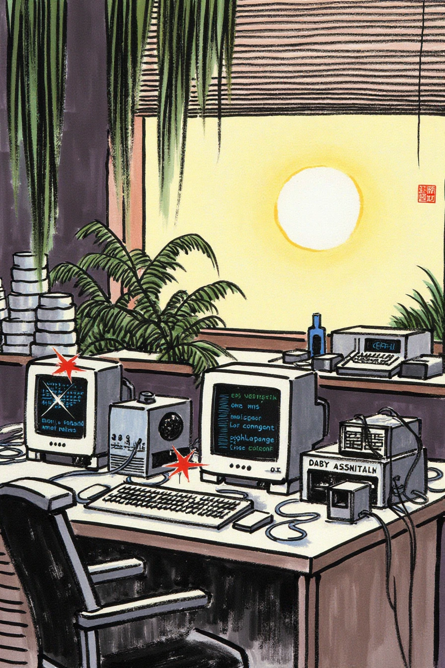 fengzikai, Chinese ink painting. 1980s retro futuristic sci-fi working space with computers on the desk, codes on the screen, cluttered wires and machines, sunlight shine through the window, 