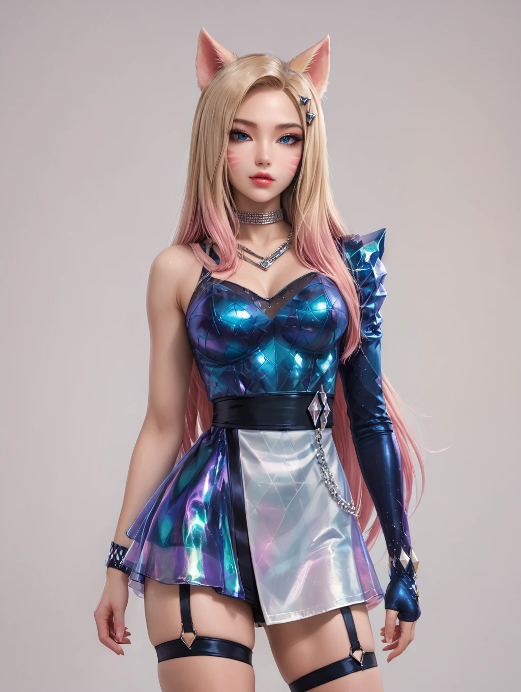 1girl, k/Da (league of legends), ahri, (official k/da), (league of legends), blonde pink hair, fox ears, k/da two-tone dress, shoulder armor, <lora:AhriPonyV1:0.6>
looking at viewer, arms un side, garter strap,