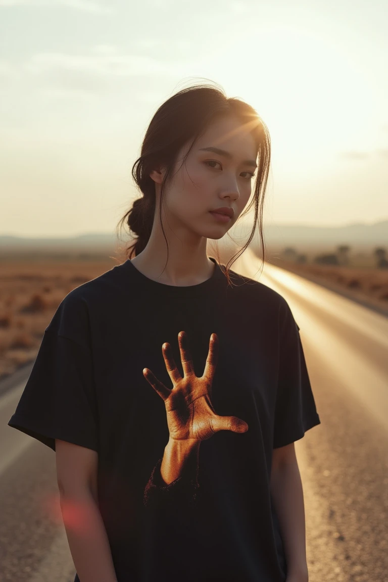 A beautiful Chinese woman with elegant features, wearing a rock t-shirt, stands on a lonely road surrounded by vast, open landscapes. The shot is framed wide, capturing her in a contemplative pose, gazing into the distance. The lighting is soft and diffused, with the sun casting long shadows across the road, enhancing the sense of solitude. The composition emphasizes her as the central figure, with the endless road stretching into the horizon, creating a mood of introspection and freedom. The atmosphere is serene yet evocative, blending her modern rock-inspired style with the timeless beauty of the natural surroundings.