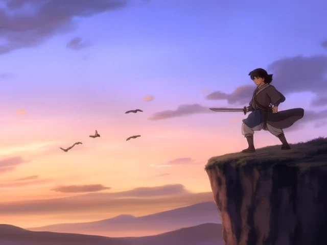 A scene from a Studio Ghibli animated film, featuring a brave boy with a wooden sword, as he stands at the edge of a cliff at dawn, under a vast sky with clouds rolling over distant hills, with a flock of birds soaring nearby, while the camera captures him from a low angle, emphasizing courage and determination.