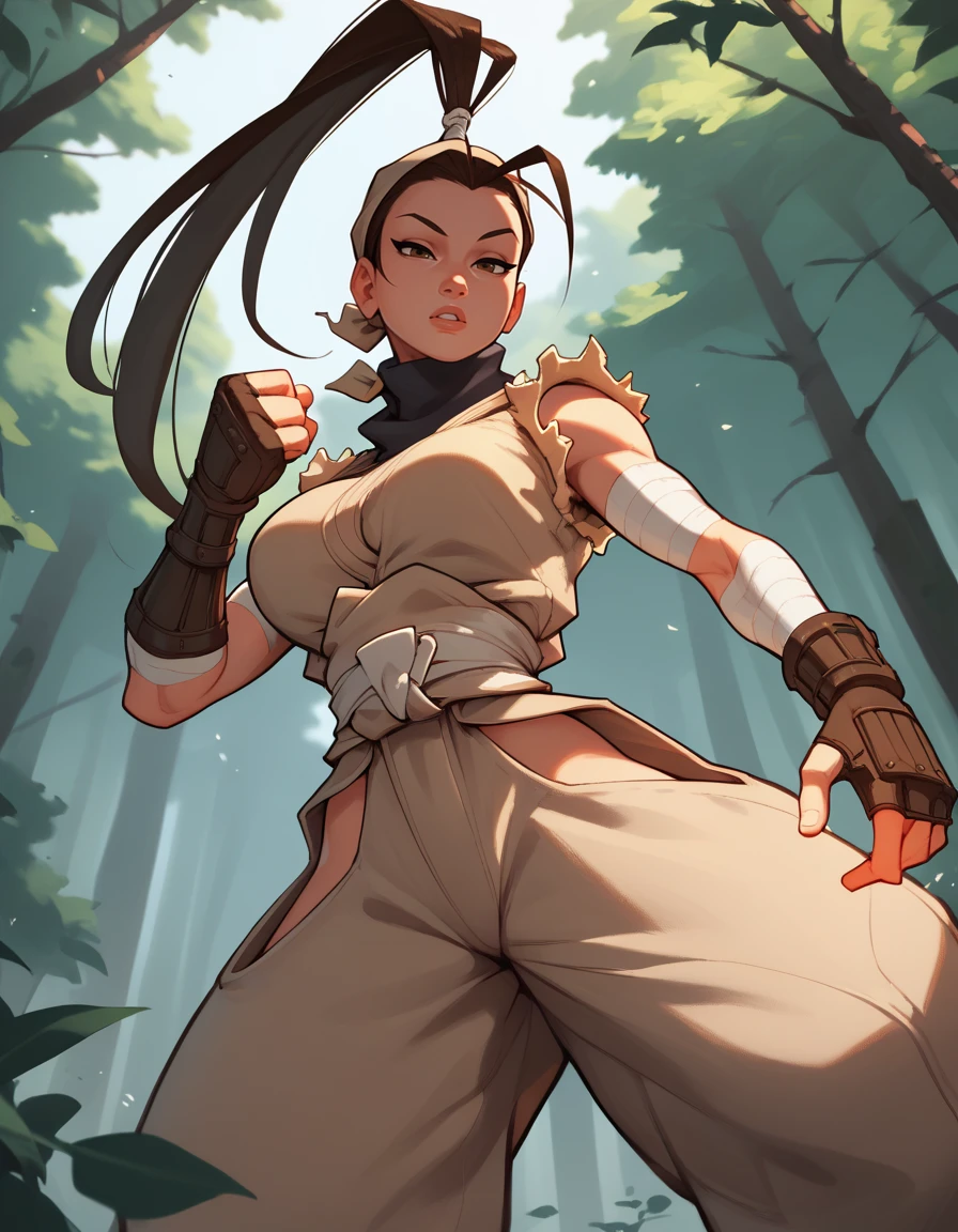 masterpiece,best quality,extreme detail,8k,<lora:ibuki:0.8> ibuki2, 1girl, solo, long hair, black hair, gloves, brown eyes, ponytail, sleeveless, fingerless gloves, lips, bandages, antenna hair, bandana, ninja