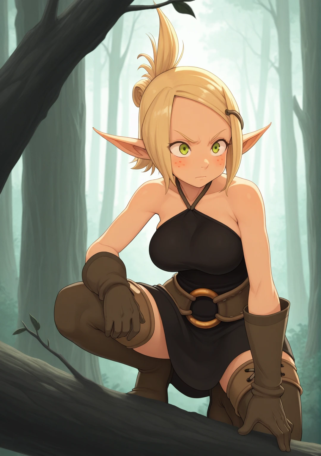 masterpiece,best quality,amazing quality, 1girl, solo, large breasts, <lora:IlluEva:1> illueva, pointy ears, freckles, green eyes, blonde hair, folded ponytail, gloves, thighhighs, hairclip, black dress, belt, halterneck, serious, in tree, forest, branch, on one knee,