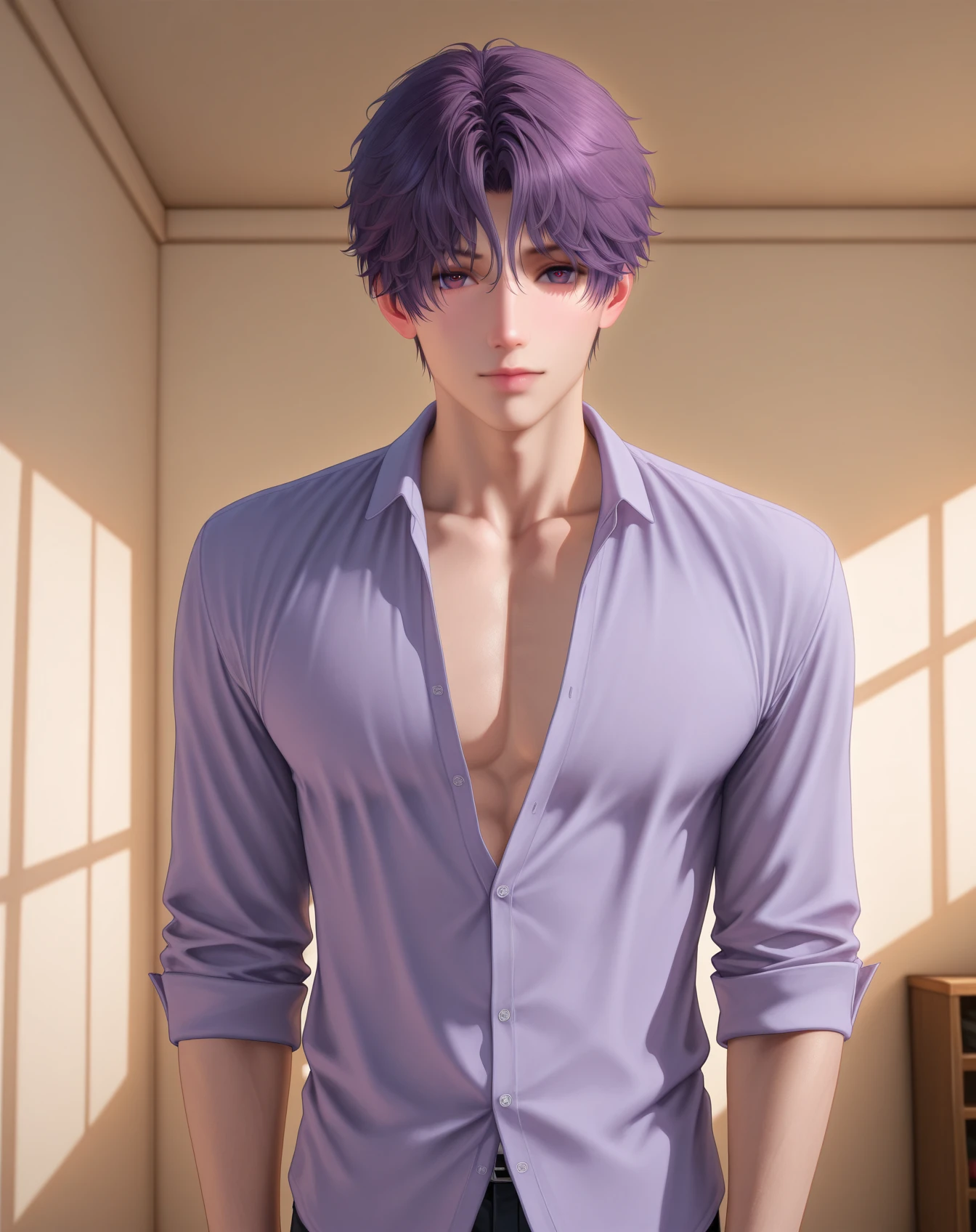 masterpiece, best quality, absurdres, very aesthetic, 
1boy, solo, yaoi, male focus, realistic, 
looking at viewer, cowboy shot, facing viewer,
 <lora:Rafayel_LnDS:1> lndsrafayel, purple hair, purple eyes, short hair, hair between eyes, 
indoors,