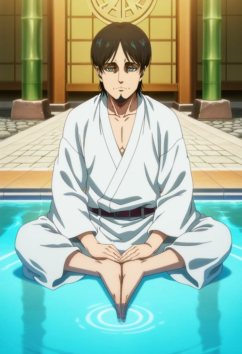 masterpiece, best quality, anime screencap, anime coloring, official style, , , 1boy, male focus, turquoise eyes, black hair, thin beard,, solo, bamboo temple, stone paths, water gardens, prayer halls, meditation pose, serene expression, morning mist, <lora:shingeki_no_kyojin_s4_style_ilxl:1>, shingeki_no_kyojin_s4_style